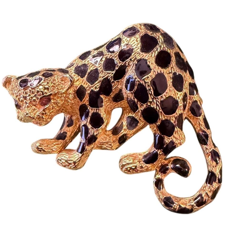 Vintage Park Lane Leopard/Panther Brooch – Signed Gold Tone Black Enamel